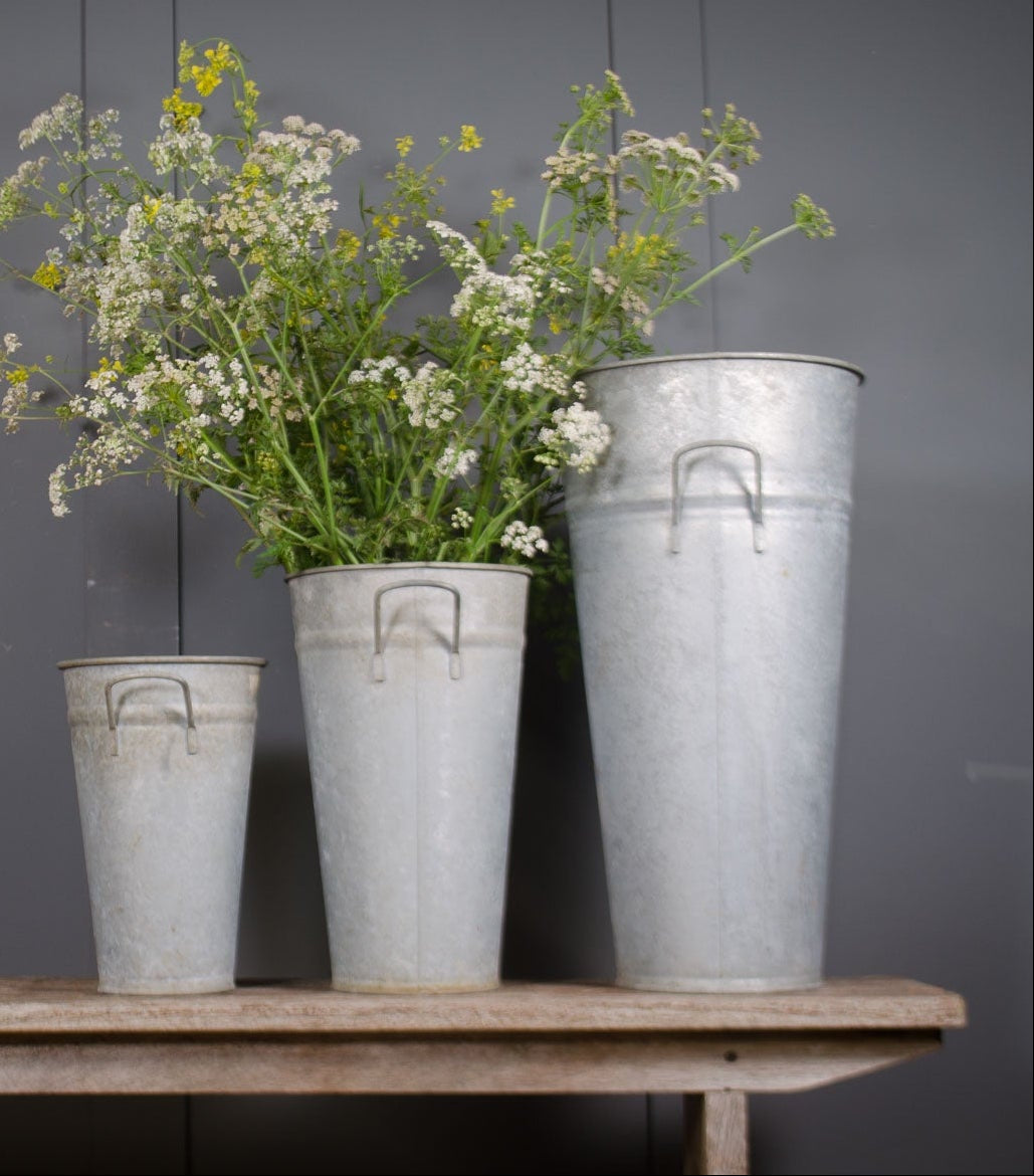 Vintage French galvanised flower buckets with weathered metal finish