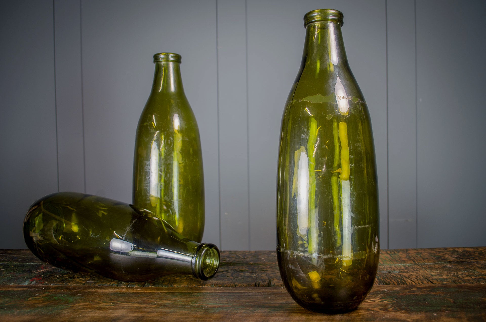 handblown french glass bottle in sage green