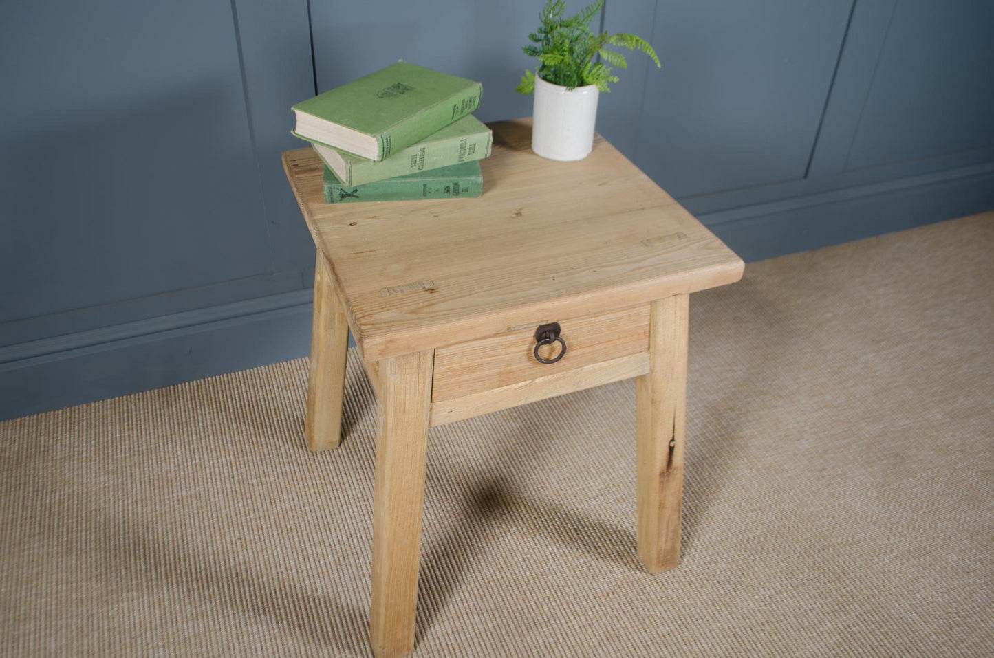 Rustic reclaimed wood lamp tables with iron cup handles