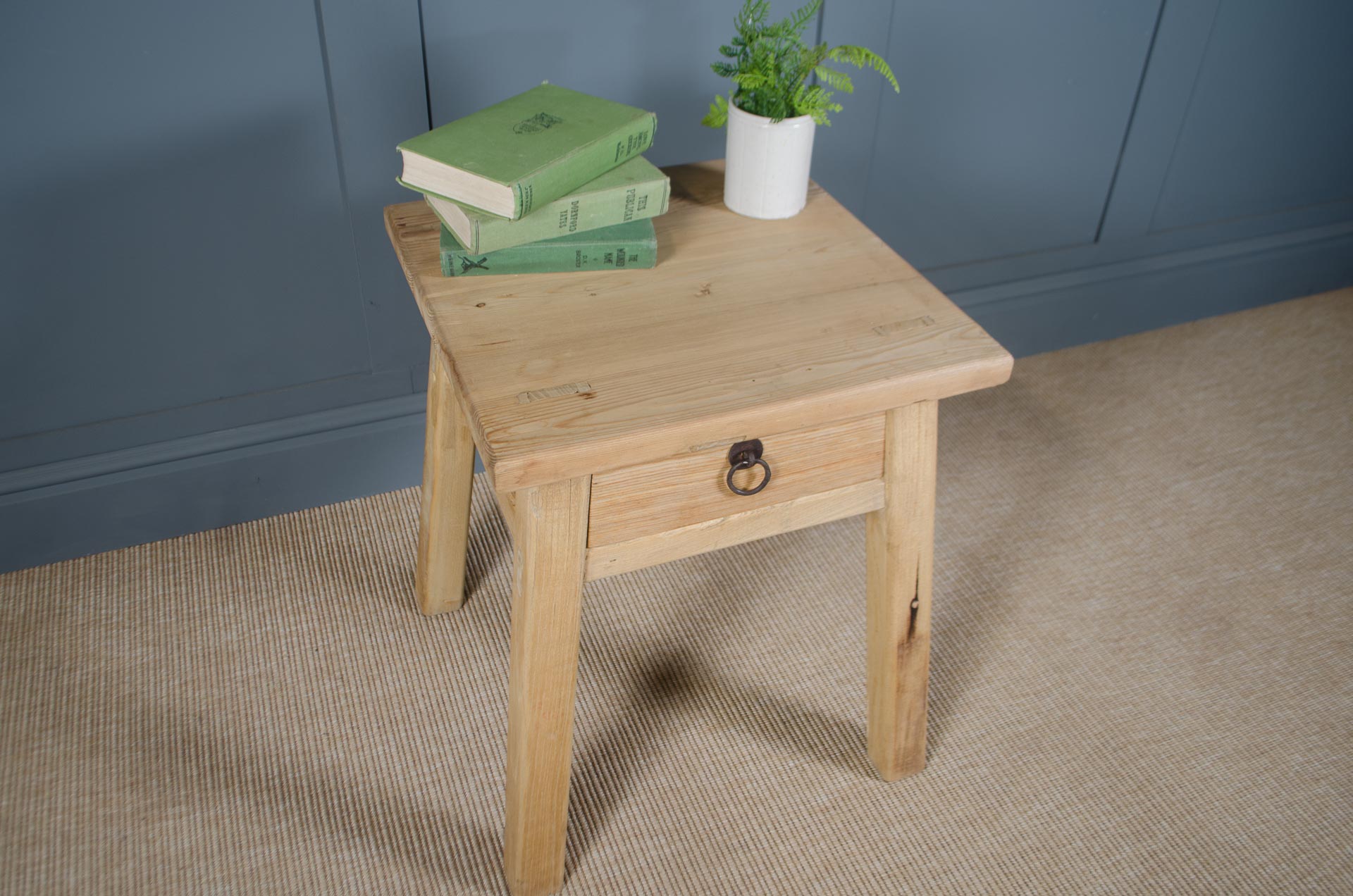 
Rustic reclaimed wood lamp tables with iron cup handles