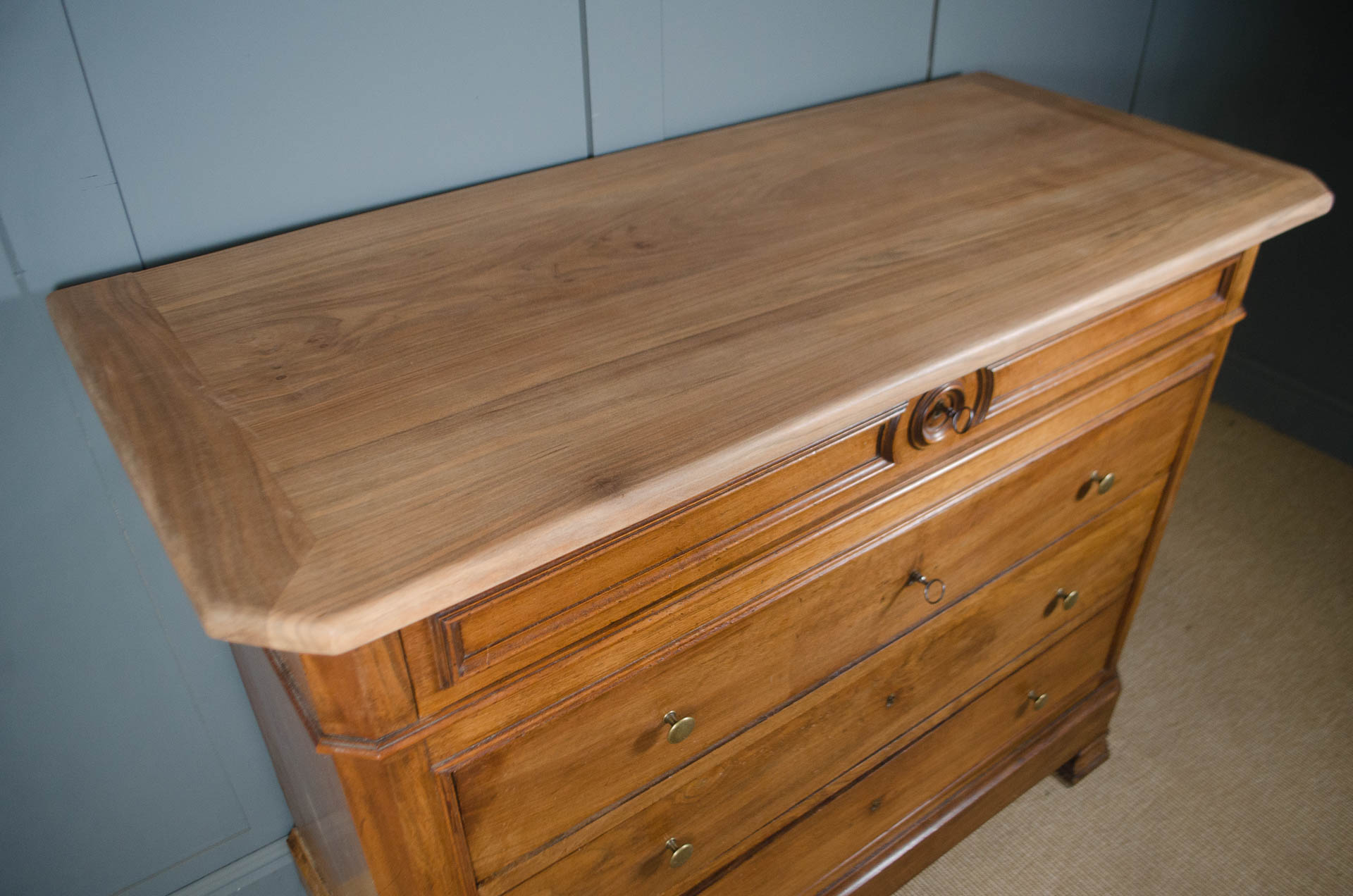 
Stripped and waxed ash top on antique French chest of drawers