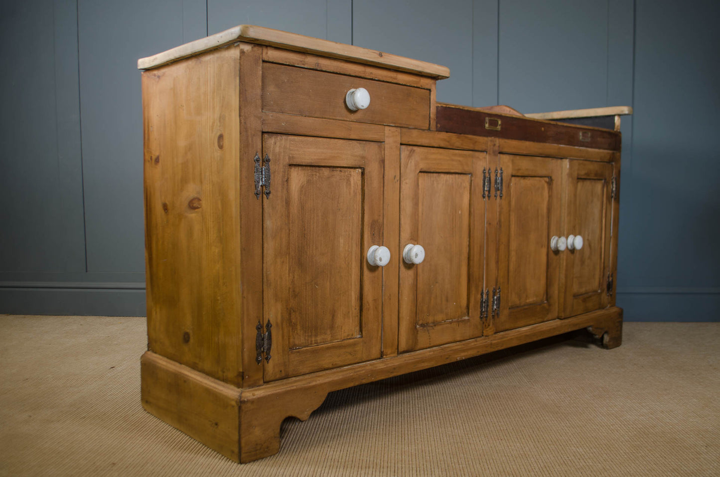 Antique pine kitchen sideboard with sectioned storage top