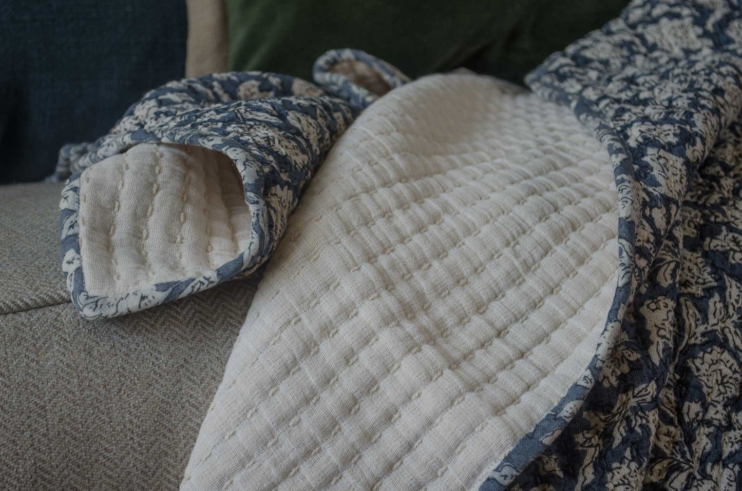 block printed blue king size kantha cotton quilt