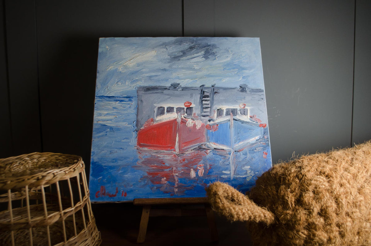 Original fishing boats oil painting on canvas