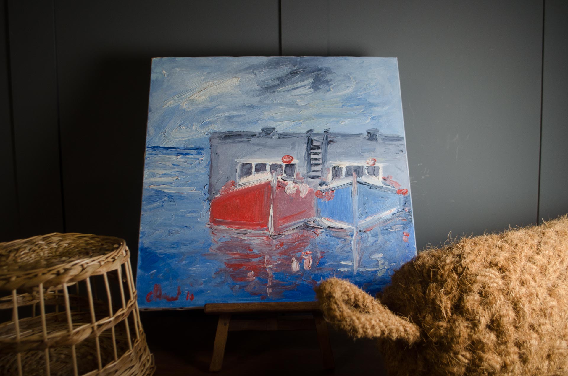 
Original fishing boats oil painting on canvas