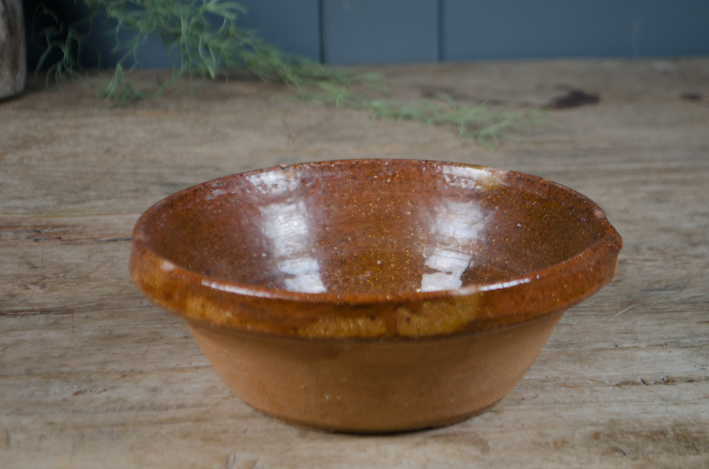 Antique French glazed terracotta dairy bowl with pouring lip