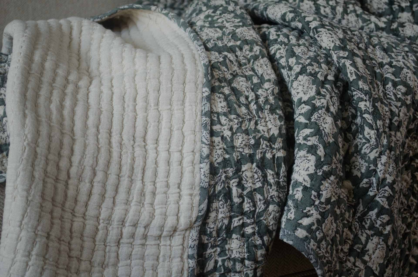 block printed green kantha king size cotton quilt