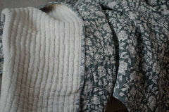 block printed green kantha king size cotton quilt