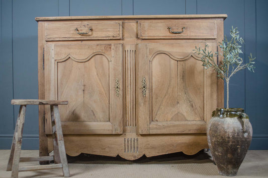 Antique French bleached oak sideboard with two drawers and cupboards