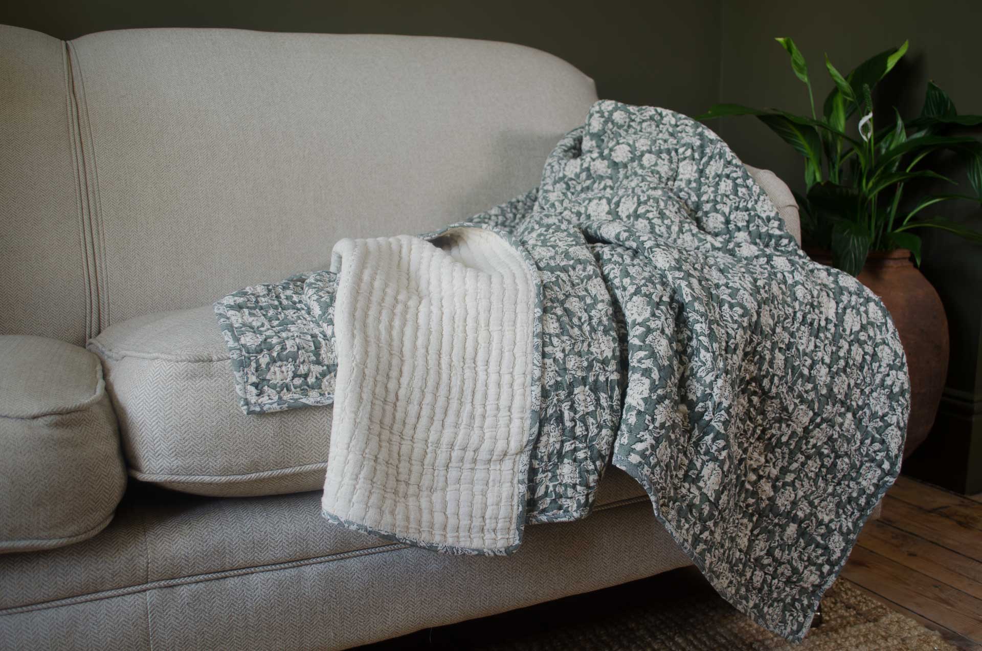 
Beige sofa with a floral-patterned blanket draped over it, next to a potted plant.