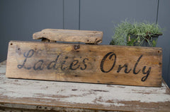 Wooden sign with 'Ladies Only' text on a rustic surface with a plant in the background.