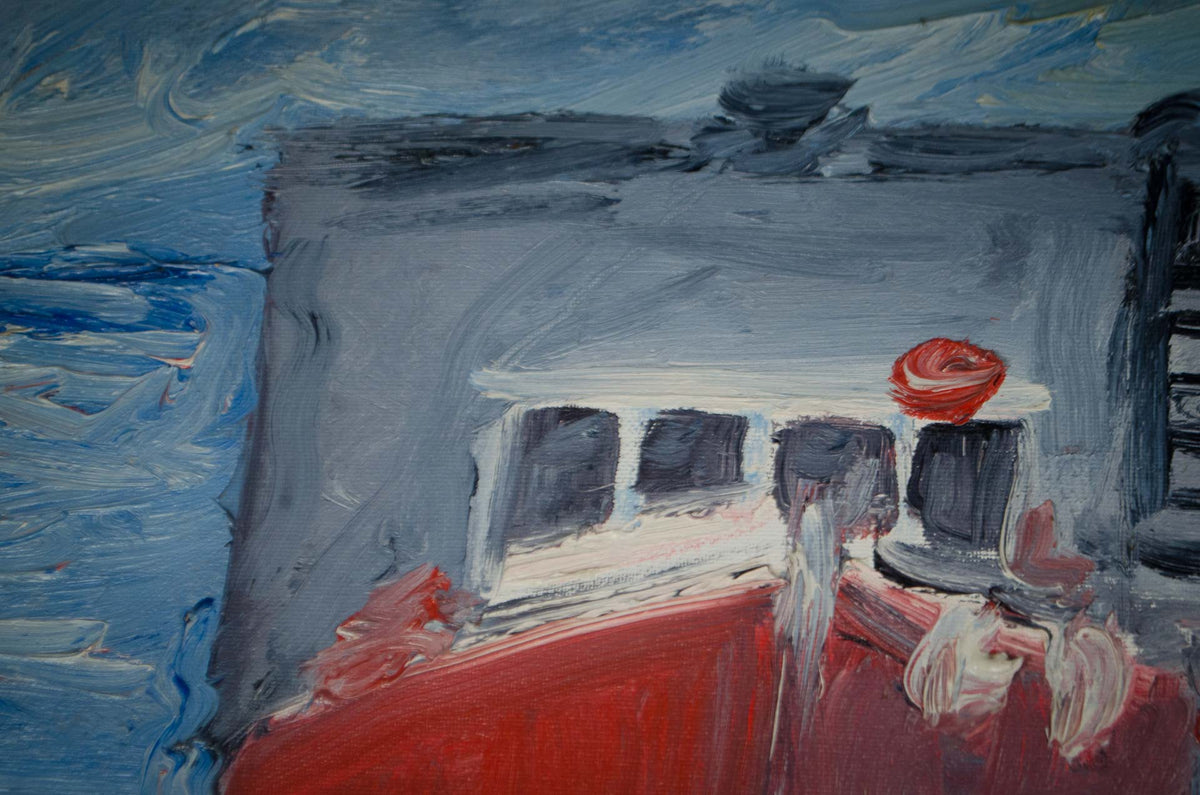 An impressionistic painting of a boat cabin or vessel in blue-gray and red tones, with visible brushstrokes and a blue water-like background.