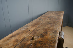 Antique oak workbench with original vice detail and rustic patina