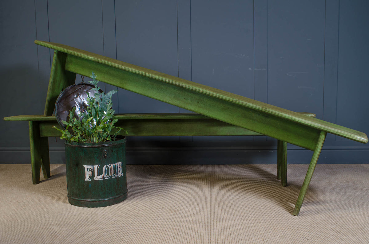 Pair of green painted French country house wooden benches