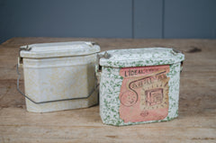 Vintage French enamel splatter lunch tin with original lid, wire handle and printed French label.