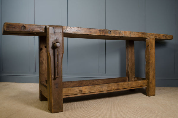 Antique French oak carpenter’s workbench with original wooden vice