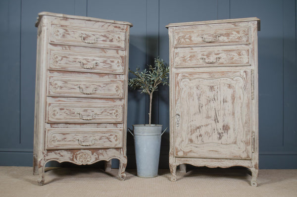 French oak tall chest of drawers with worn stoney beige painted finish