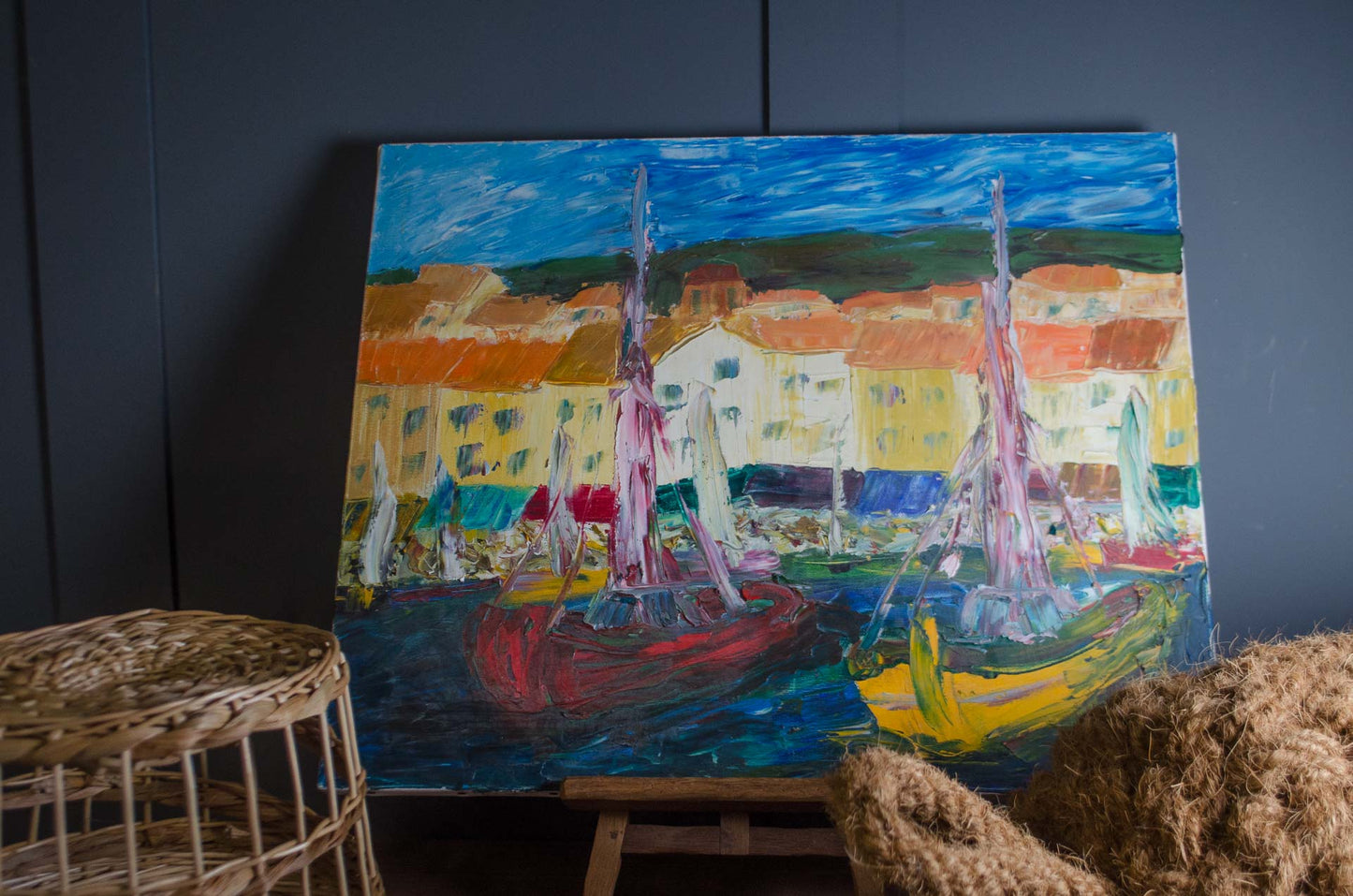 Original harbour and fishing boats oil painting on canvas