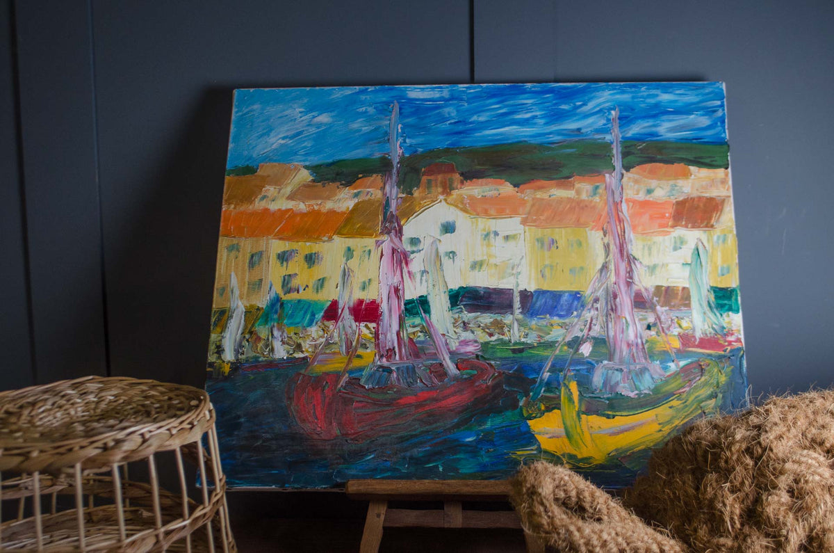 
Original harbour and fishing boats oil painting on canvas