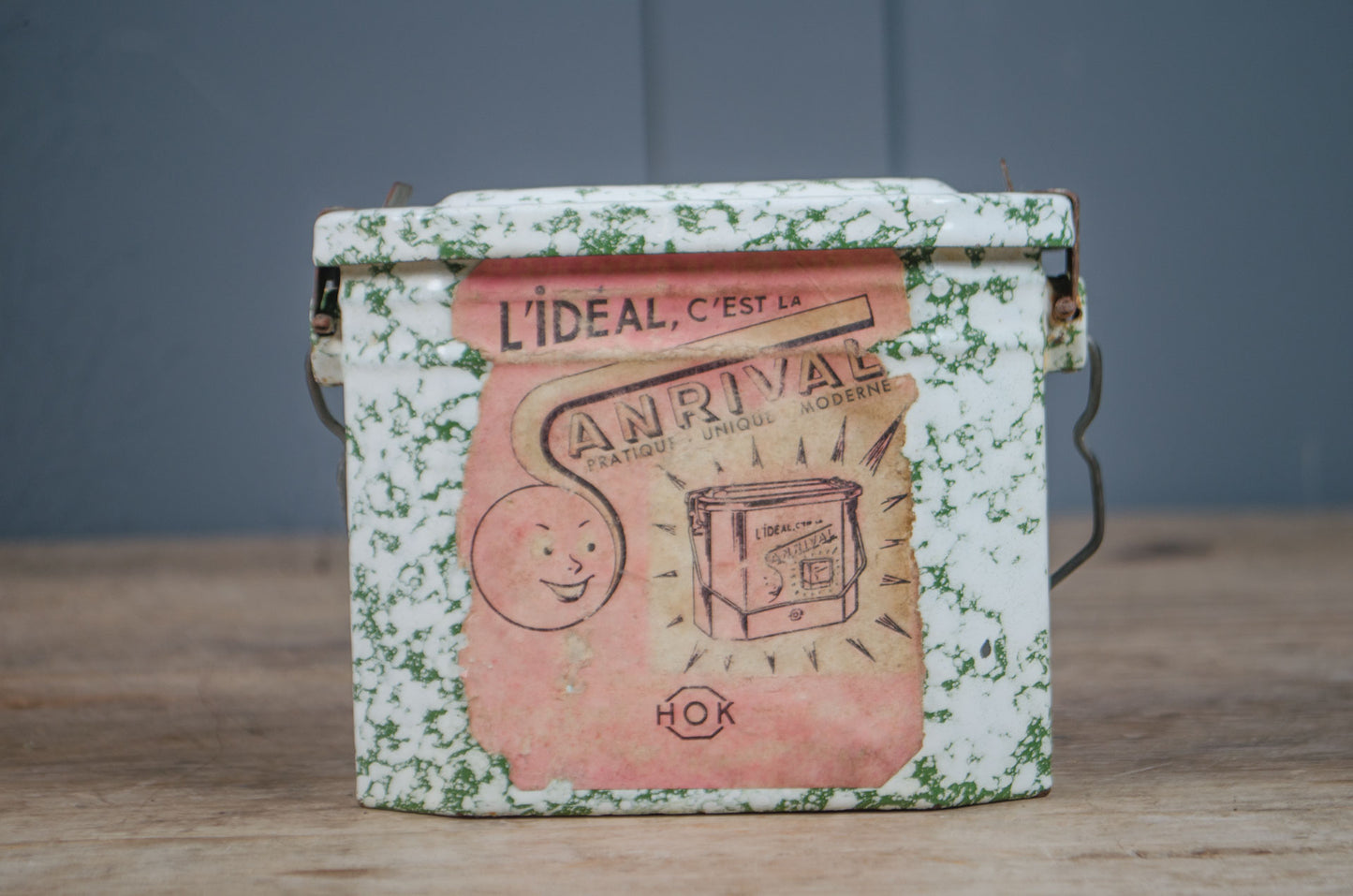 Vintage French splatter enamel canisters