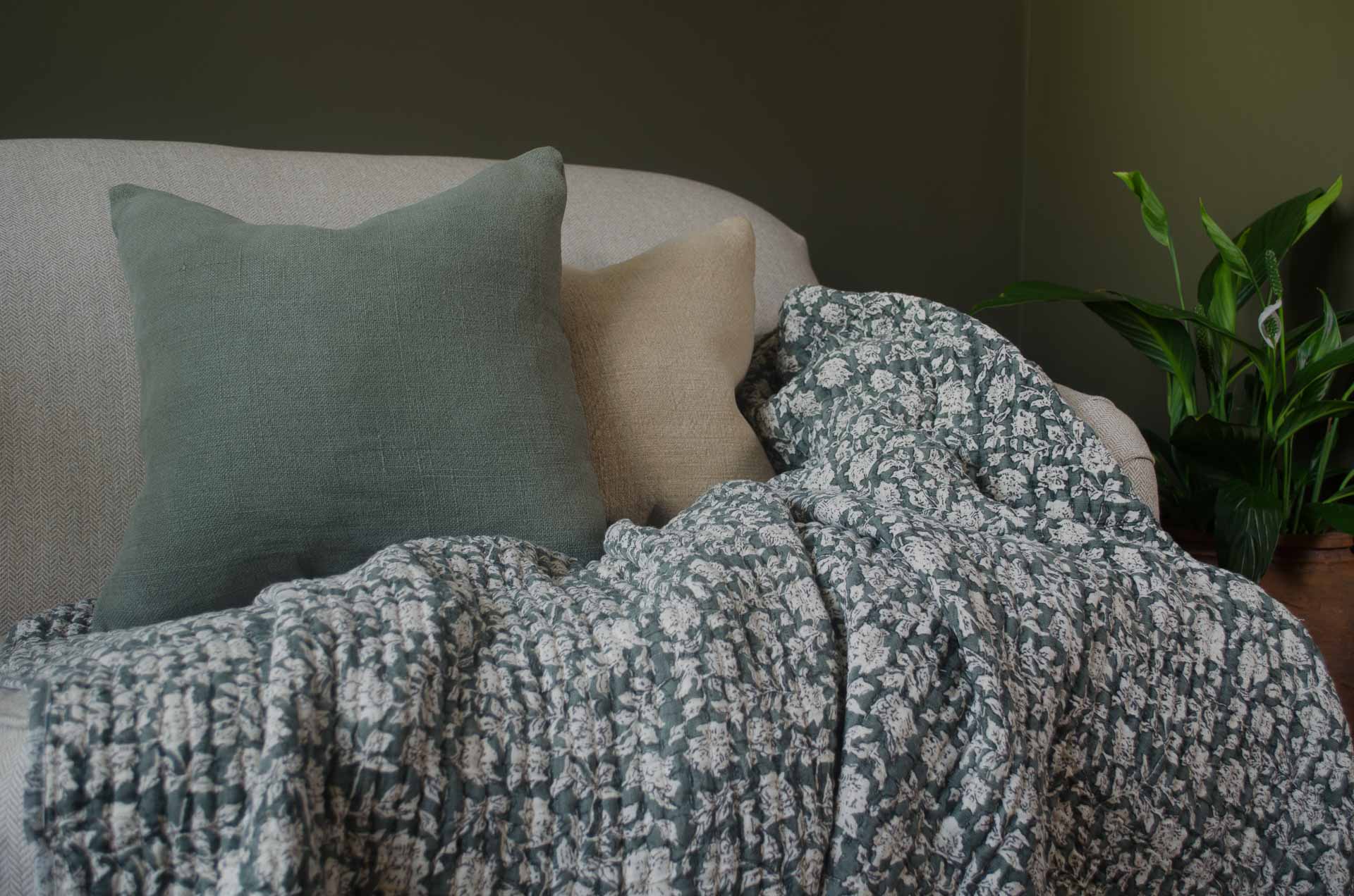 
Patterned blanket draped over a sofa with two cushions in a home setting.