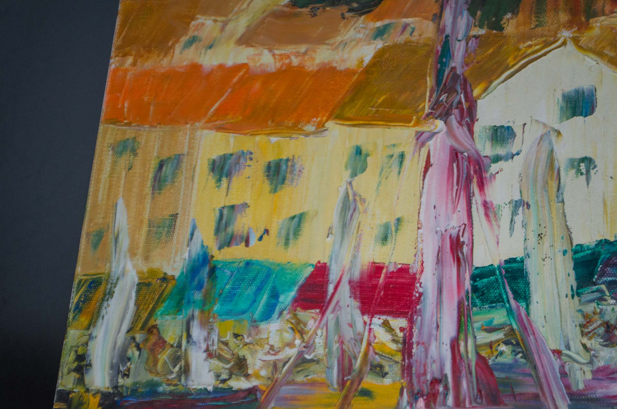 
An abstract impressionist painting depicting stylized figures and geometric forms in vibrant yellow, orange, pink, teal, and red tones, shown against a dark background.