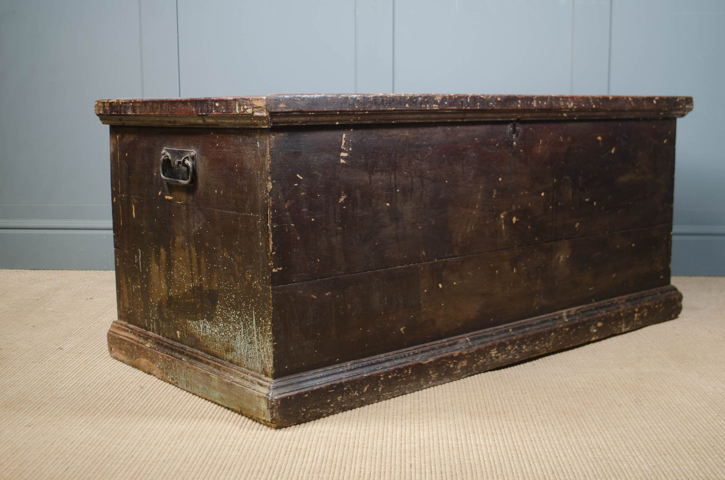 Original painted pine storage chest with iron carrying handles