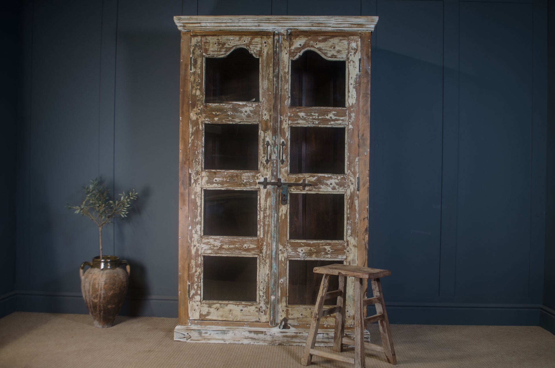 antique Indian cabinet, vintage glazed dresser, rustic display cupboard, distressed wood cabinet, Indian furniture, farmhouse decor, glass-front storage cabinet