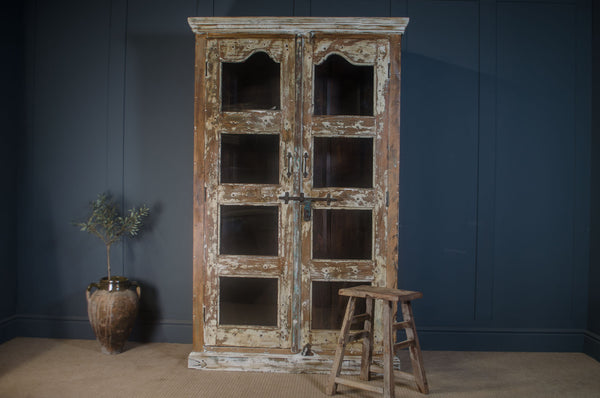 antique Indian cabinet, vintage glazed dresser, rustic display cupboard, distressed wood cabinet, Indian furniture, farmhouse decor, glass-front storage cabinet