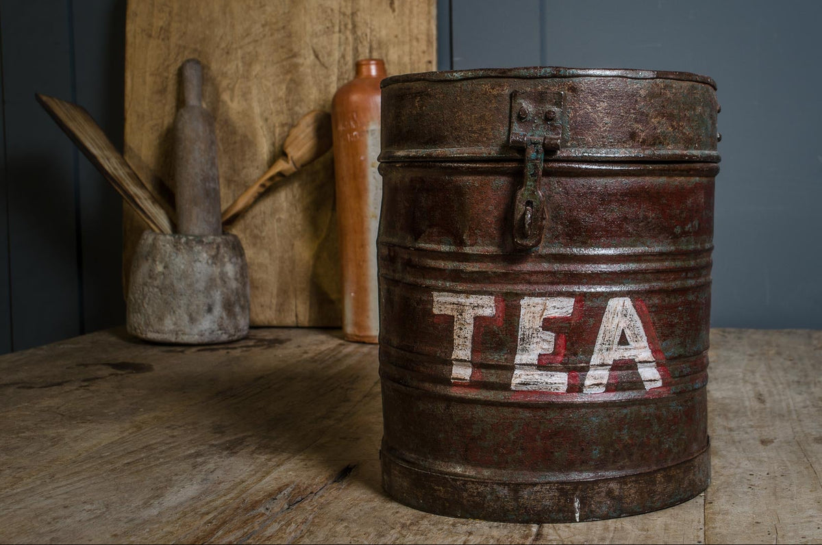 
Metal storage bins with hinged lids and distressed paint