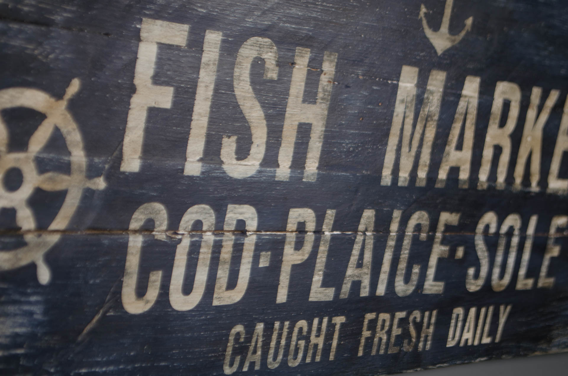 
Handmade reclaimed wood Fish Market sign in navy blue and aged white