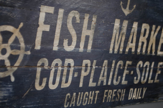 Handmade reclaimed wood Fish Market sign in navy blue and aged white