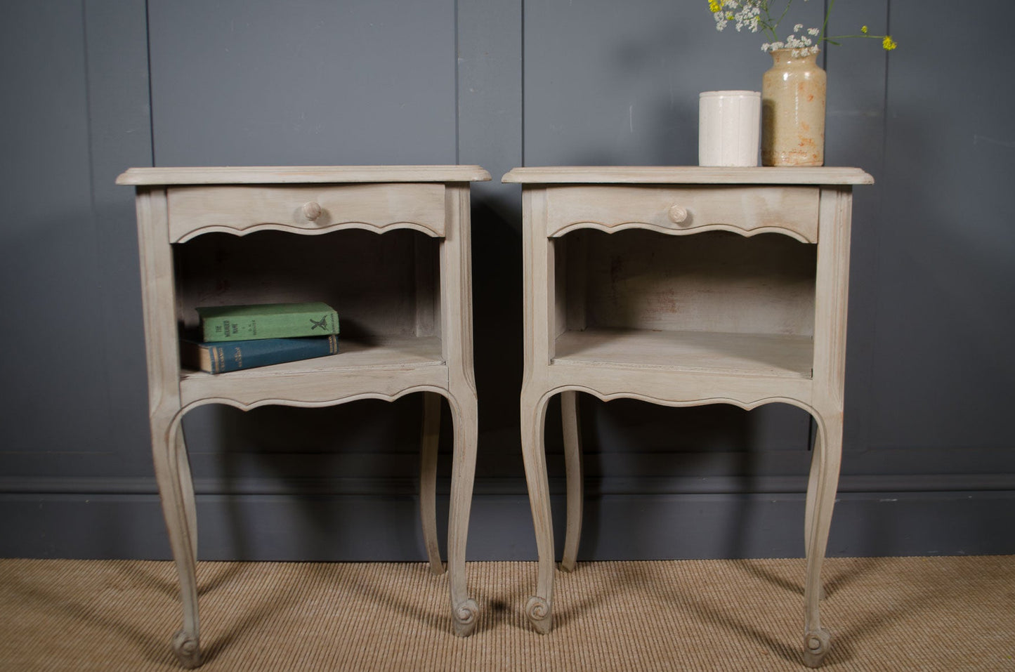 Pair of vintage French bedside tables with distressed grey painted finish