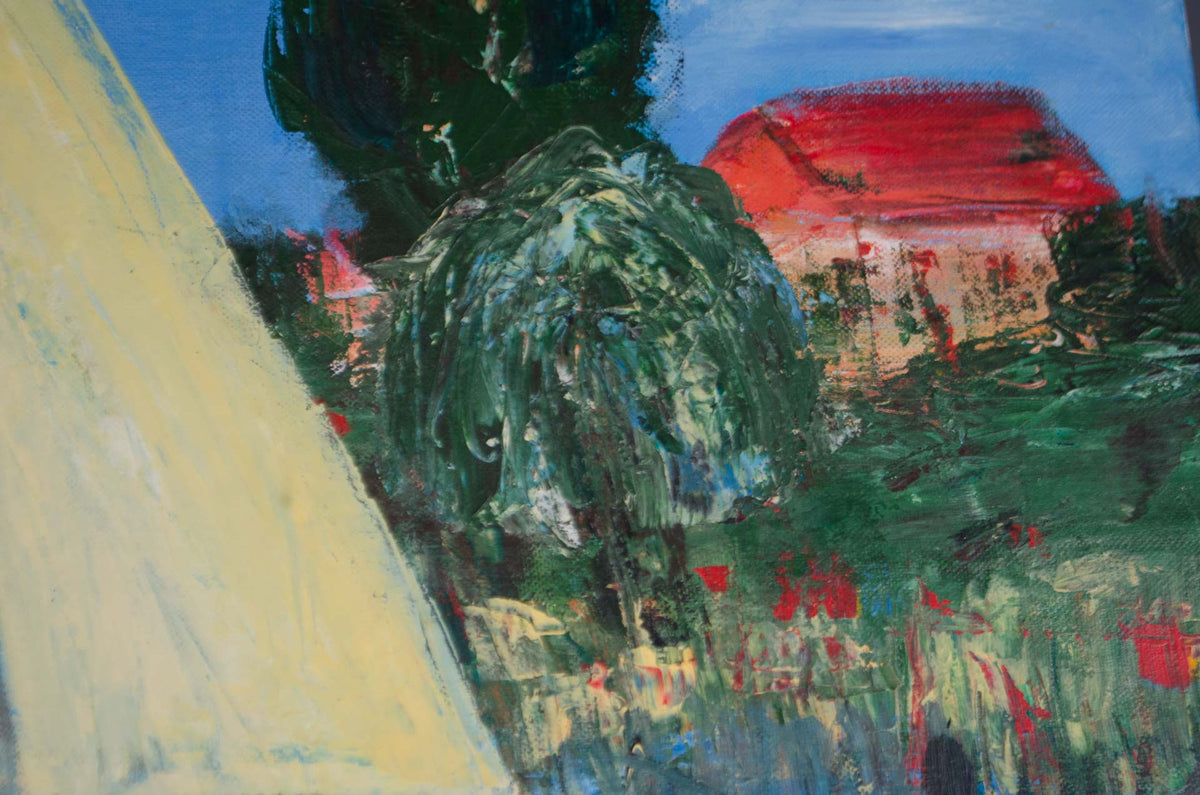An impressionistic landscape painting featuring a large pale yellow foreground shape, a dark green tree, a red-roofed building, and blue sky, rendered with thick textured brushstrokes.