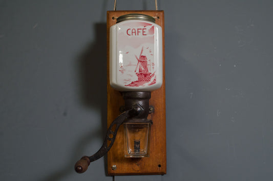 1930s French wall mounted coffee grinder with ceramic Café hopper
