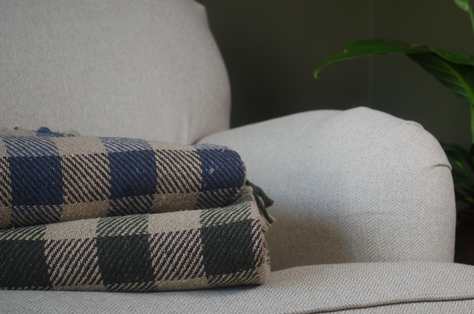 recycled Plaid blanket on a light grey sofa with a plant in the background
