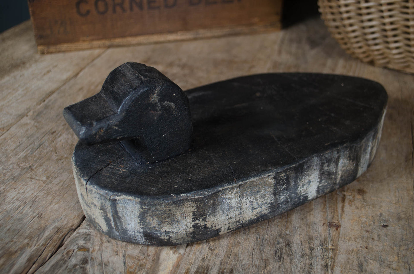 Handmade wooden Normandy duck decoy on reclaimed timber base