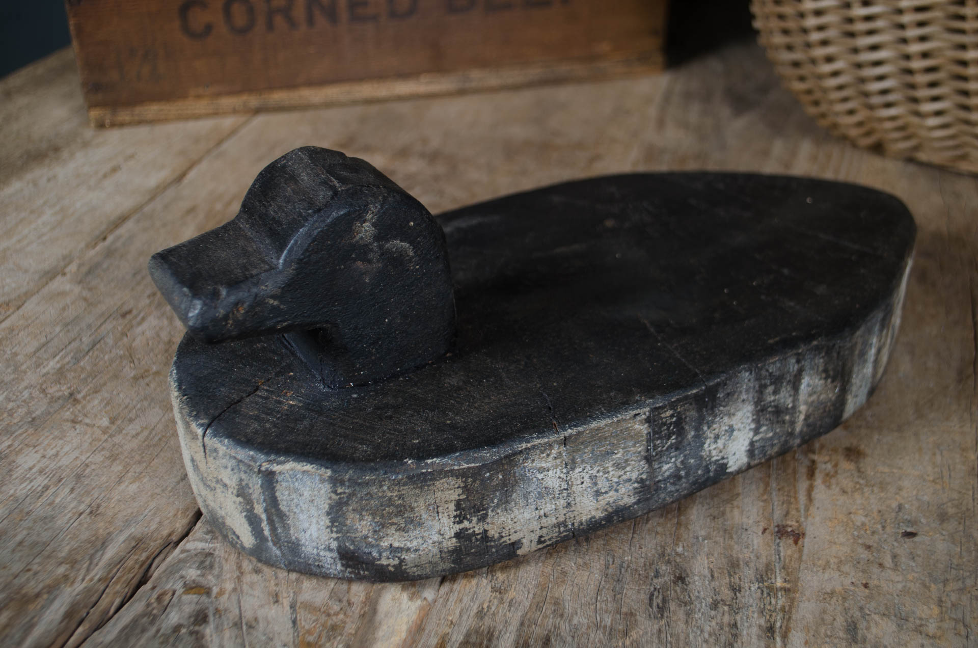
Handmade wooden Normandy duck decoy on reclaimed timber base
