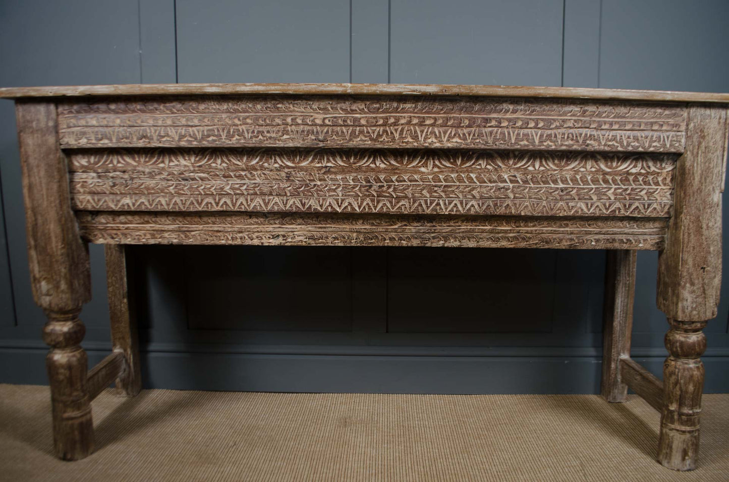 Indian antique style console table in reclaimed teak with ornate carved frieze
