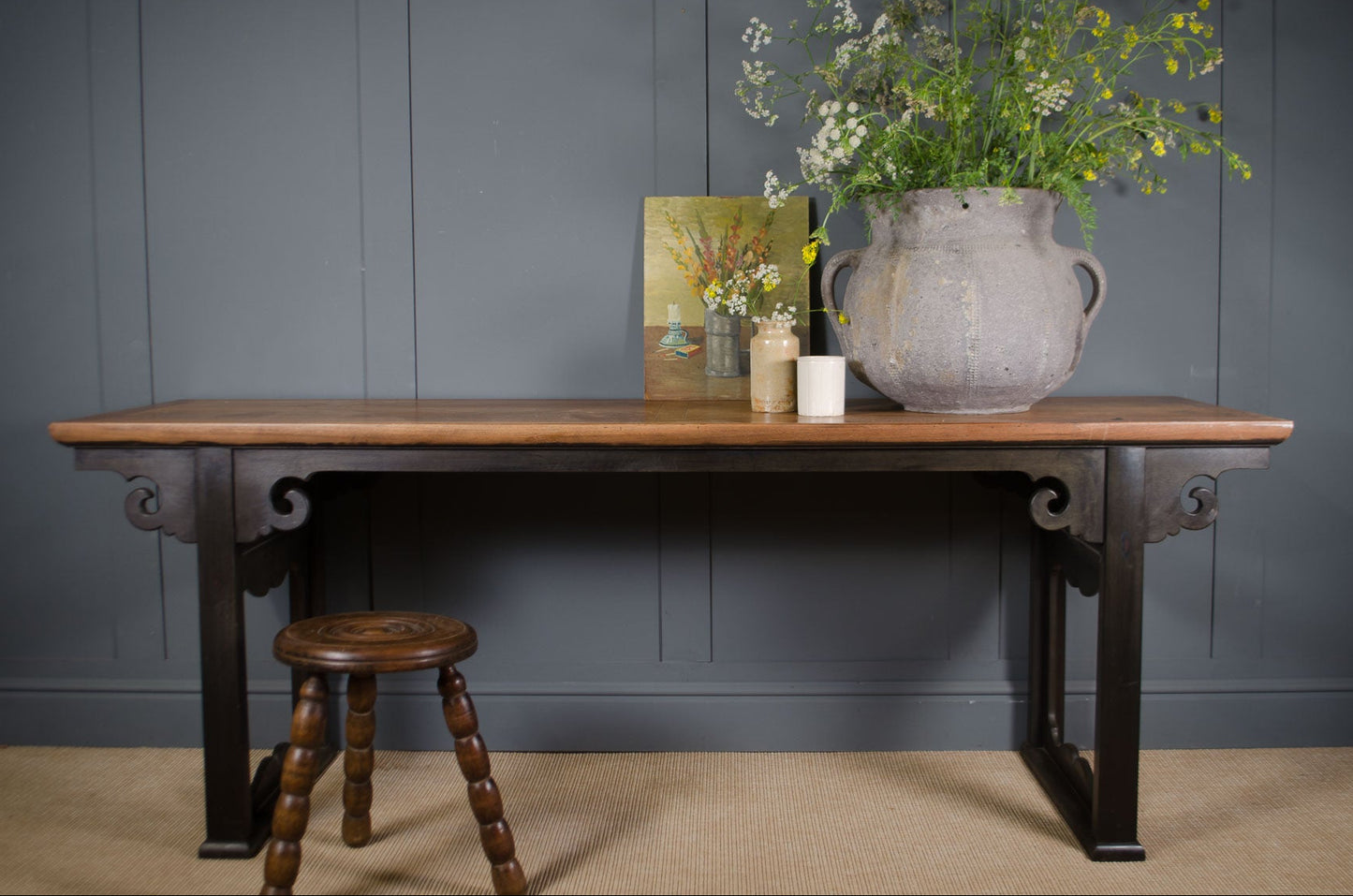Chinese mid century altar table with original ebonised finish and rosewood top
