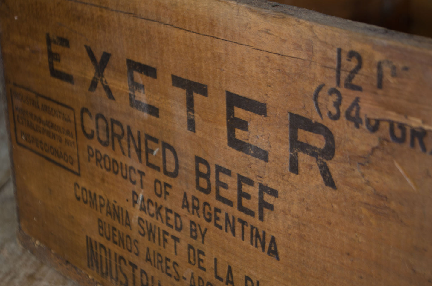 Original Exeter Corned Beef wooden transport crate with printed branding