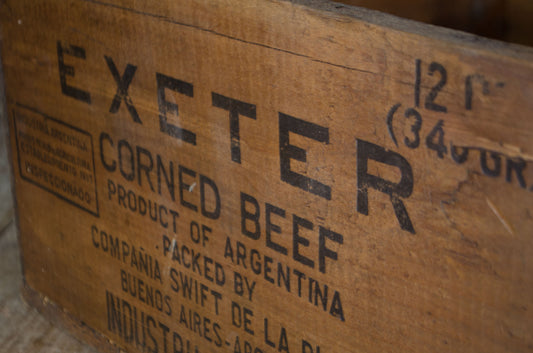 Original Exeter Corned Beef wooden transport crate with printed branding