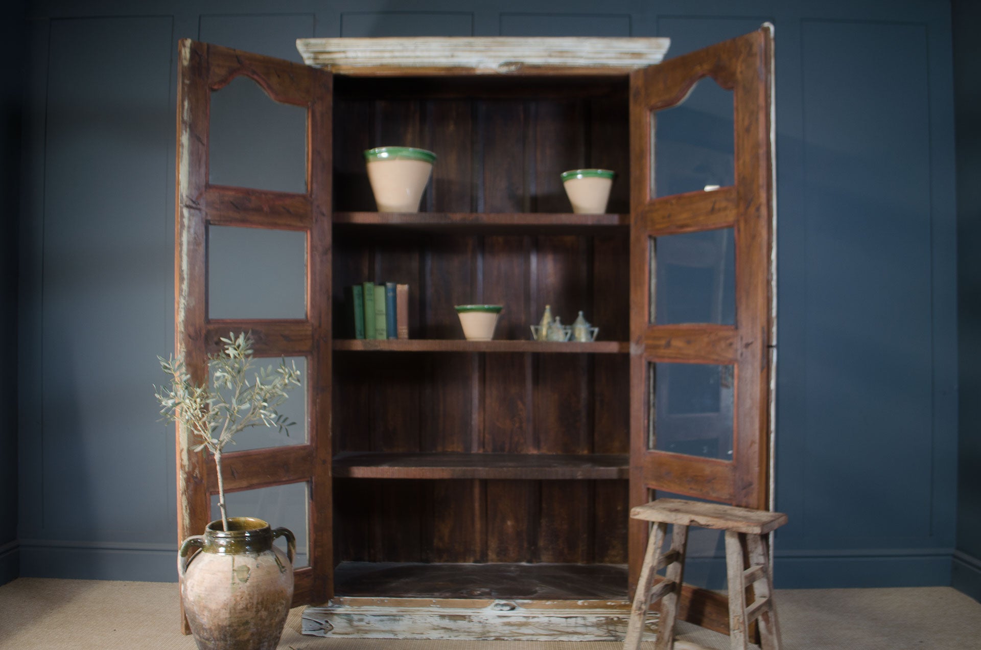 antique Indian cabinet, vintage glazed dresser, rustic display cupboard, distressed wood cabinet, Indian furniture, farmhouse decor, glass-front storage cabinet
