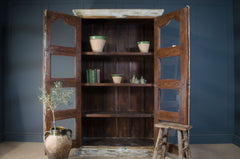 antique Indian cabinet, vintage glazed dresser, rustic display cupboard, distressed wood cabinet, Indian furniture, farmhouse decor, glass-front storage cabinet