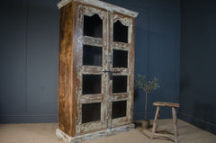 antique Indian cabinet, vintage glazed dresser, rustic display cupboard, distressed wood cabinet, Indian furniture, farmhouse decor, glass-front storage cabinet