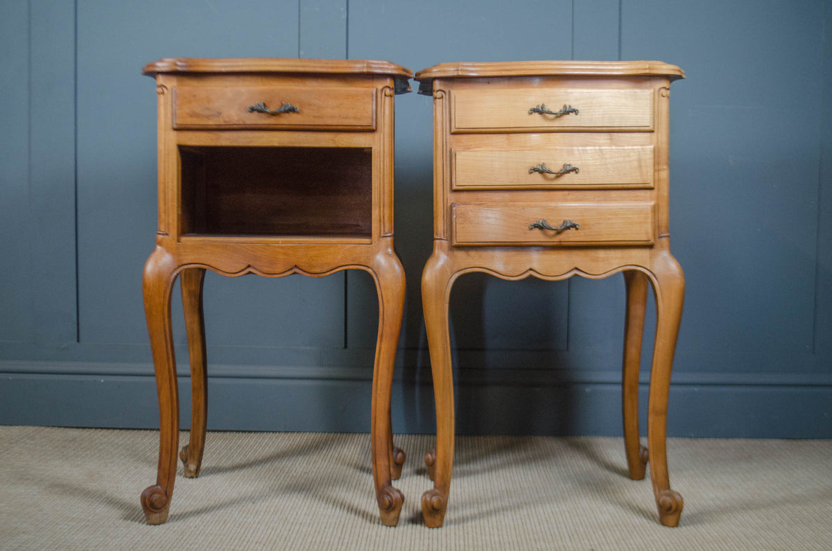 French bedside cabinets with drawers and open storage