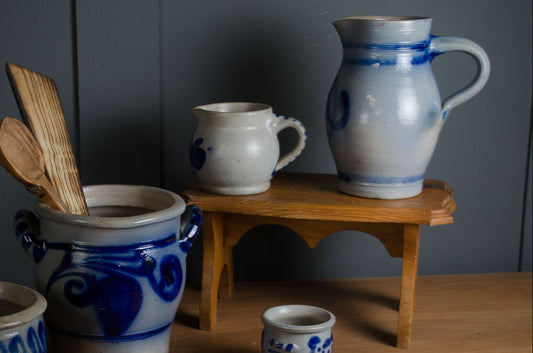 Traditional German salt glazed pottery jug with cobalt blue decoration