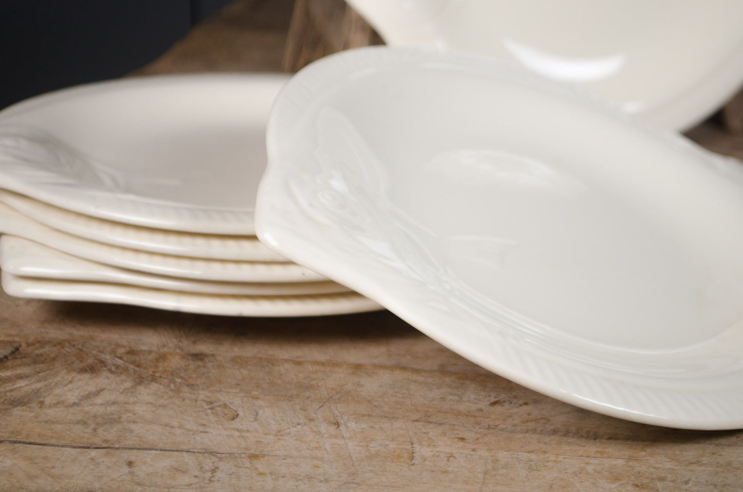 Vintage Longwy French fish-shaped plate in a soft cream glaze with age-related crazing and matching platter available.
