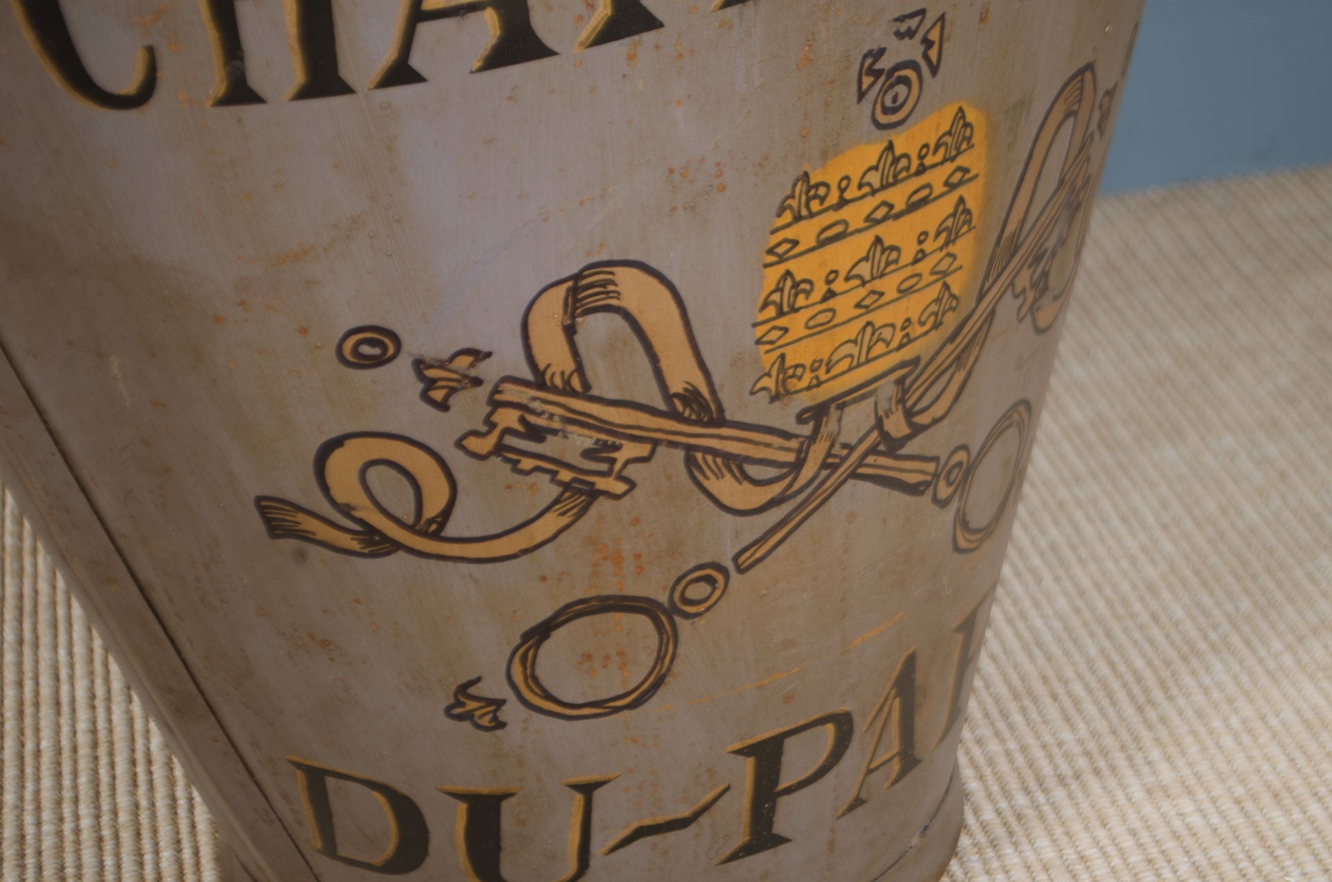Original French grape picking bucket with vineyard lettering