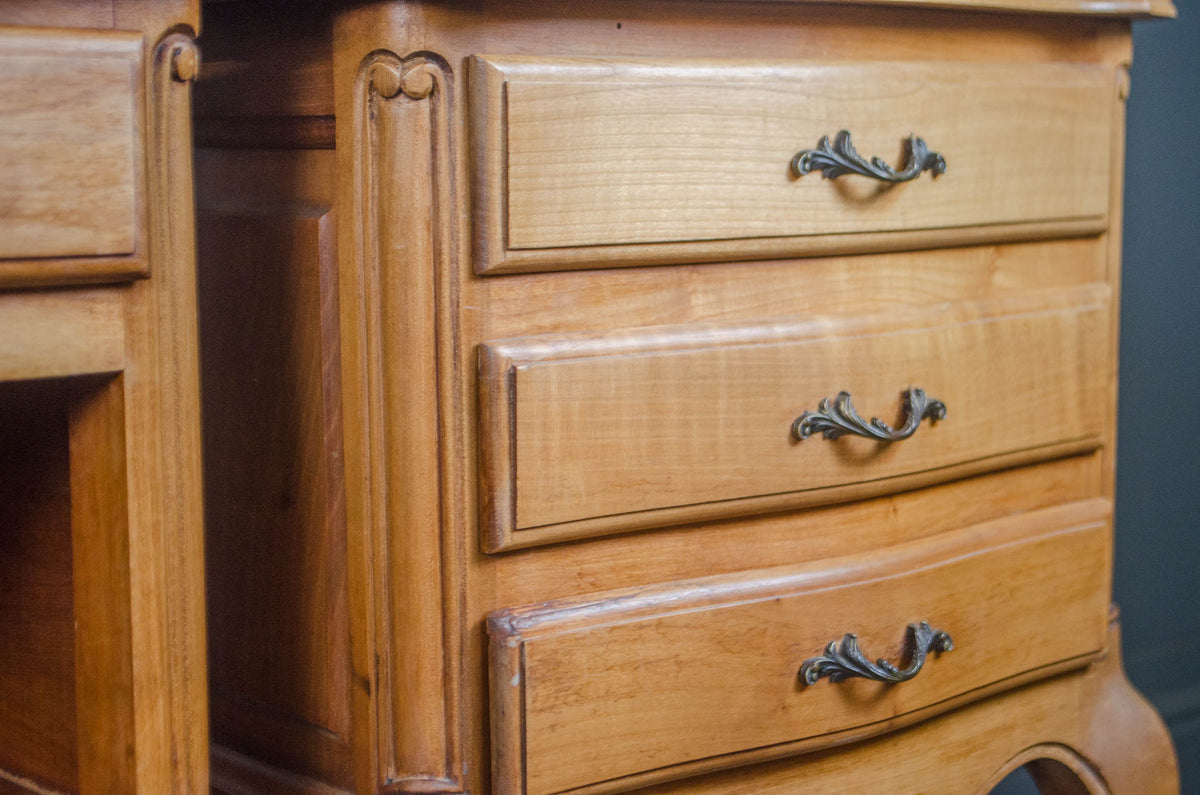 French wooden bedside tables with original metal handles